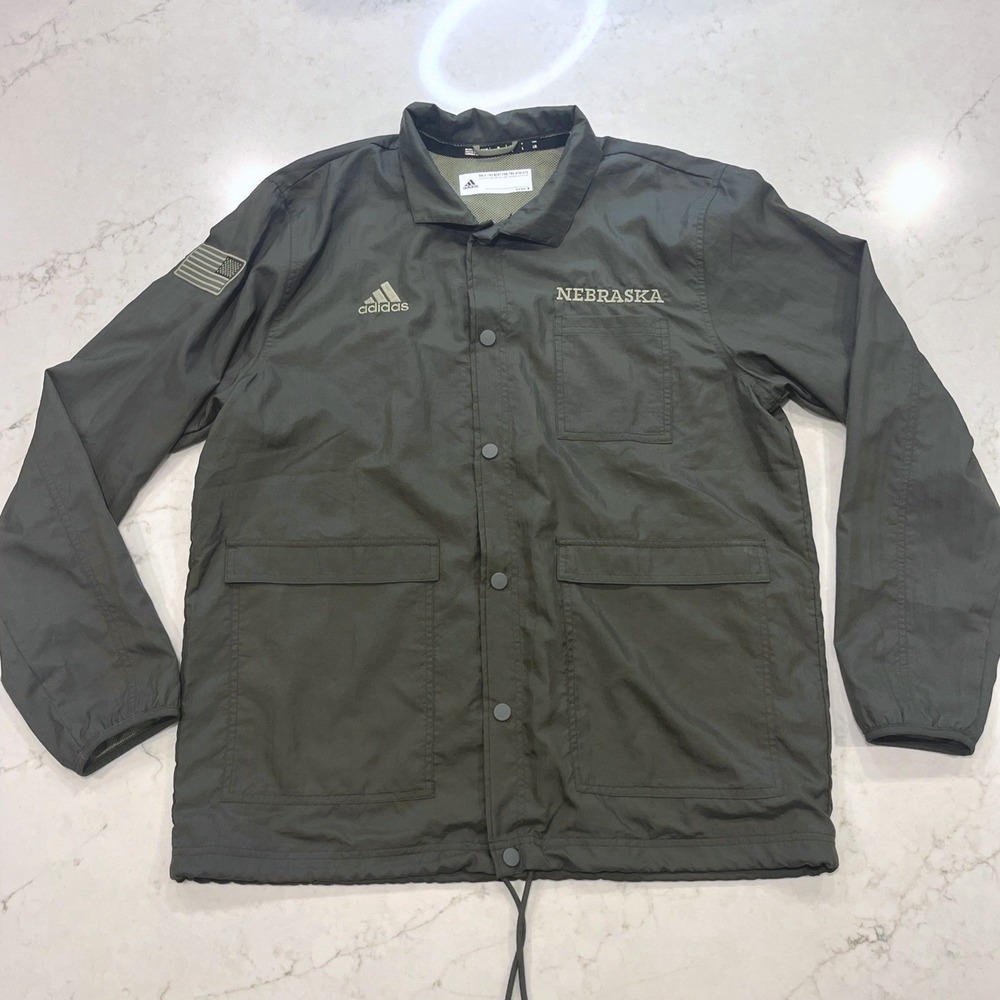 Adidas Mens L Nebraska Cornhuskers Military Army Green Full-Snap Jacket Pockets